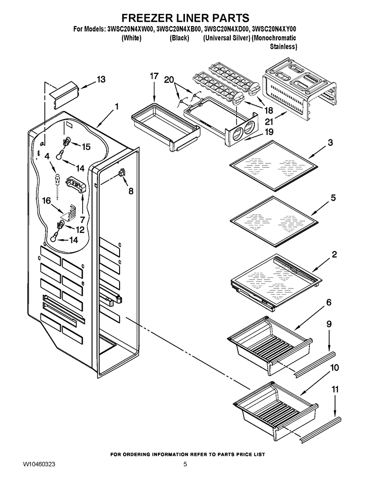 FREEZER LINER PARTS Diagram and Parts List for 3WSC20N4XB00  Whirlpool Refrigerator