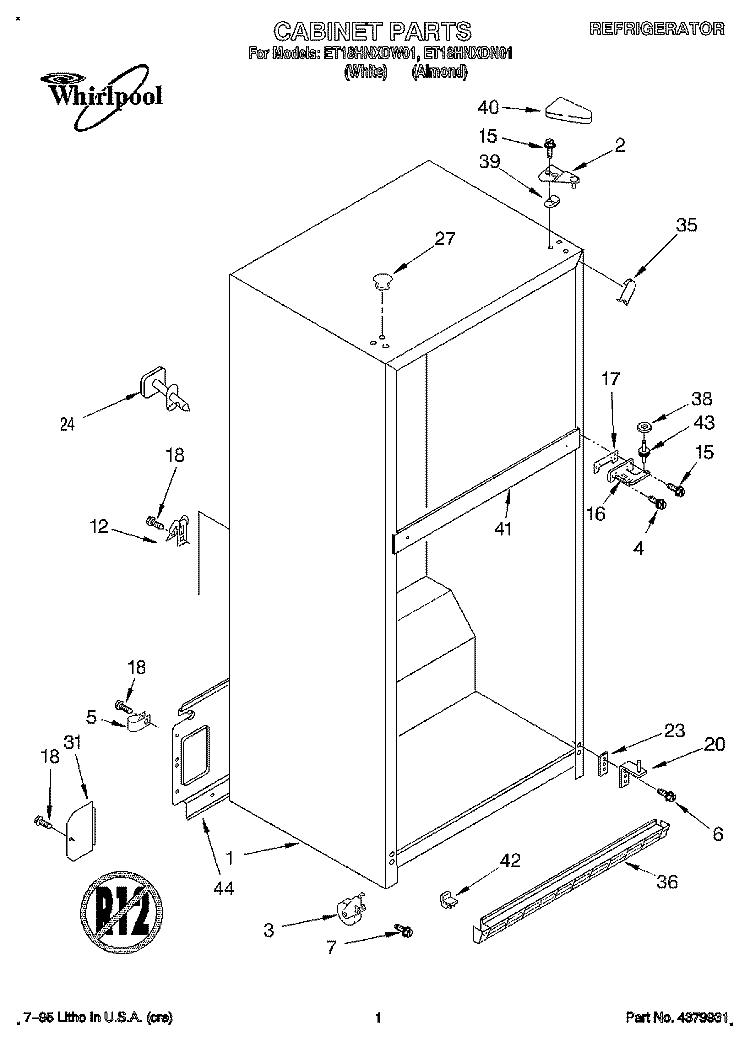 CABINET Diagram and Parts List for ET18HNXDN01  Whirlpool Refrigerator