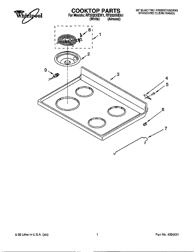 COOKTOP Diagram and Parts List for RF3020XEW1  Whirlpool Range