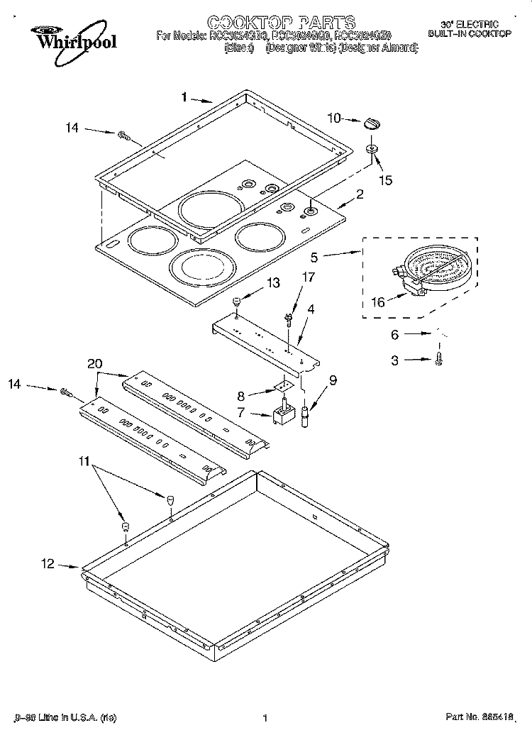 SECTION Diagram and Parts List for RCC3024GZ0  Whirlpool Cooktop