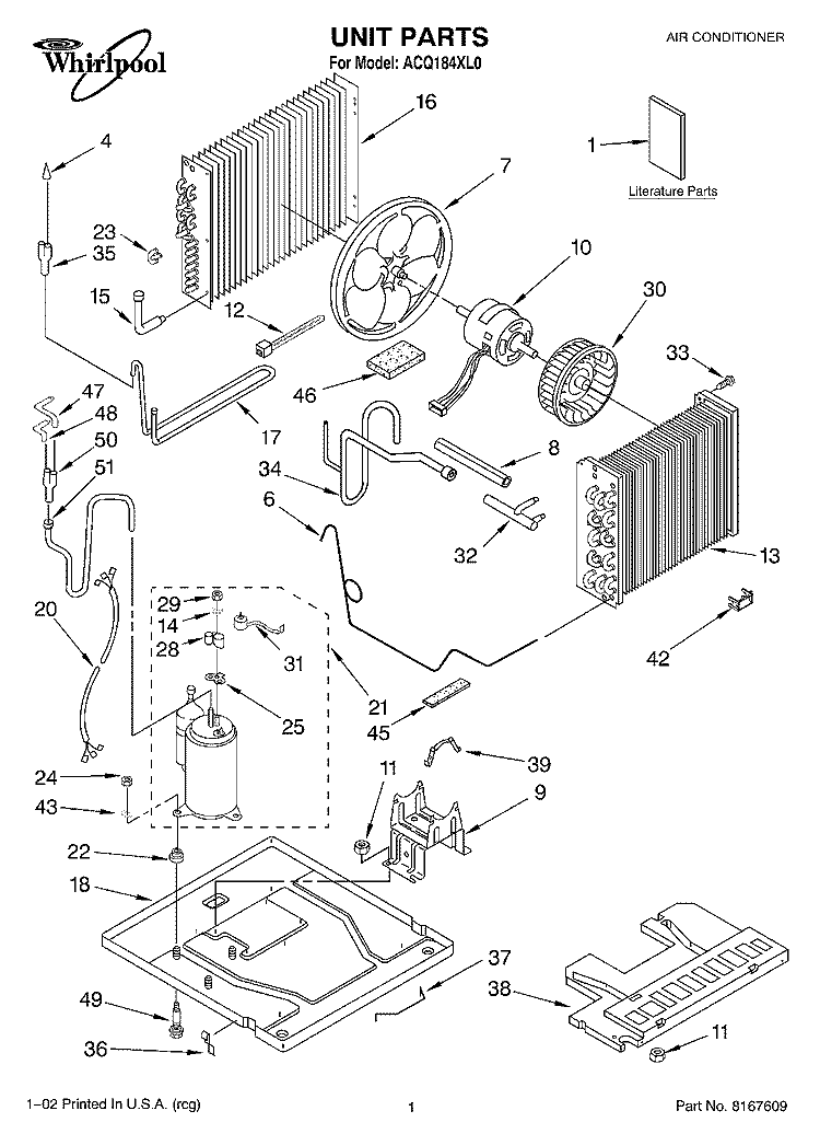 UNIT, LITERATURE Diagram and Parts List for ACQ184XL0  Whirlpool Air Conditioner