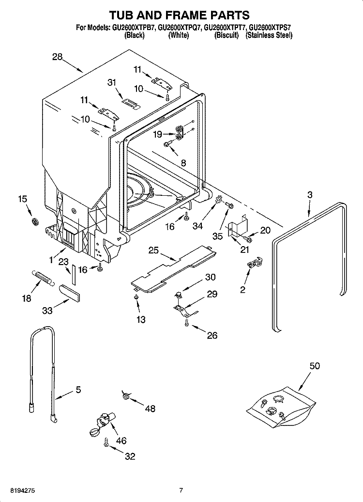 TUB AND FRAME PARTS Diagram and Parts List for GU2600XTPB7  Whirlpool Dishwasher