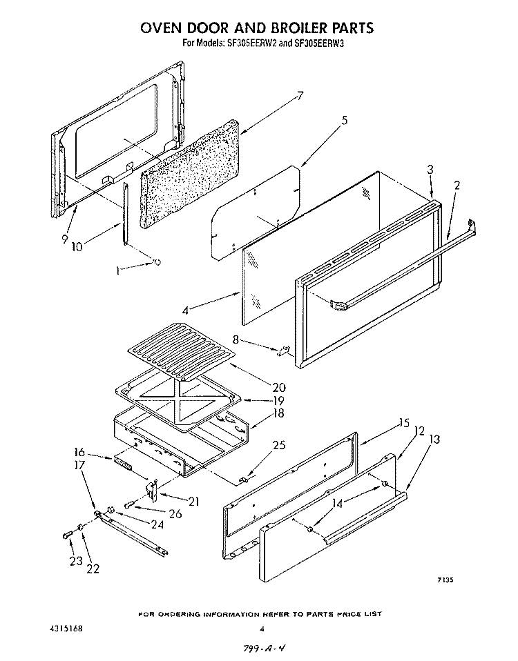 OVEN DOOR AND BROILER Diagram and Parts List for SF305EERW2  Whirlpool Range