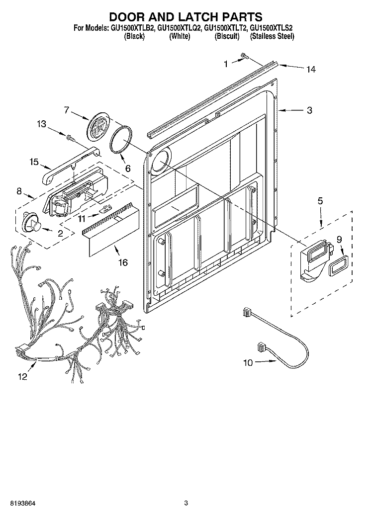 DOOR AND LATCH PARTS Diagram and Parts List for GU1500XTLQ2  Whirlpool Dishwasher