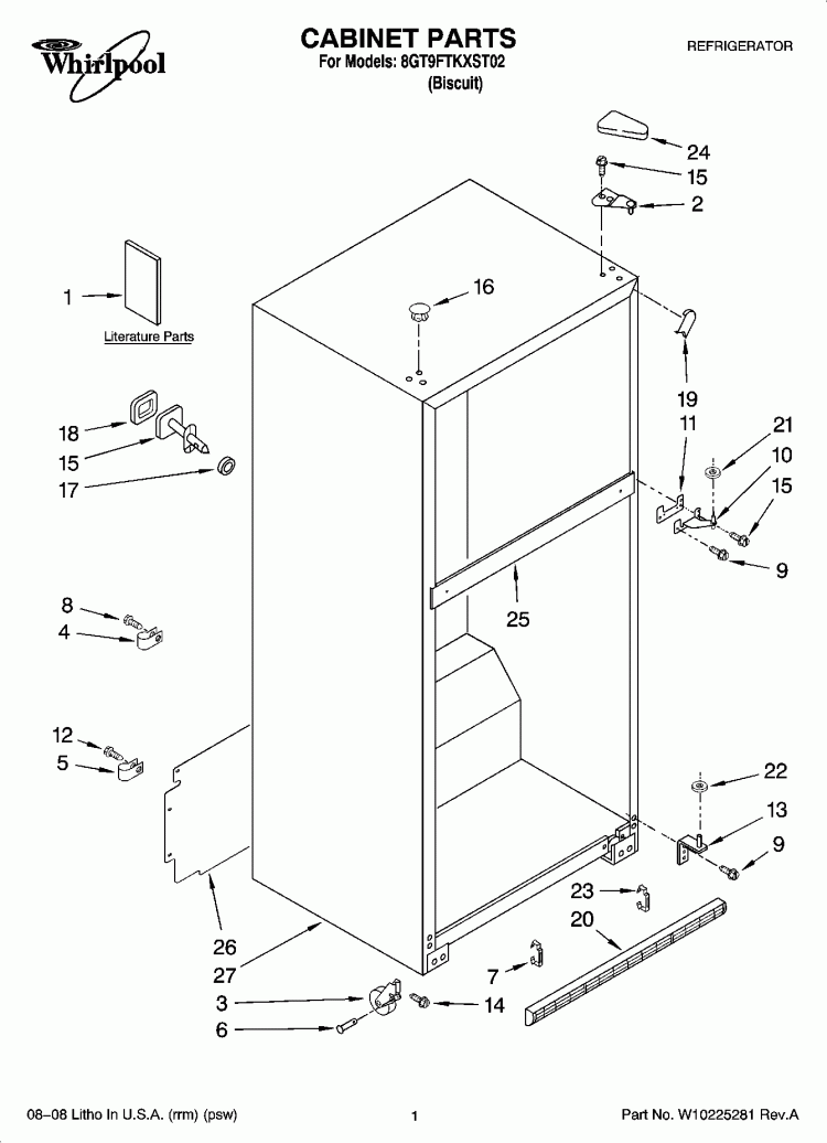 CABINET PARTS Diagram and Parts List for 8GT9FTKXST02  Whirlpool Refrigerator