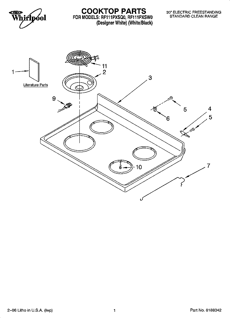 COOKTOP PARTS Diagram and Parts List for RF111PXSW0  Whirlpool Range