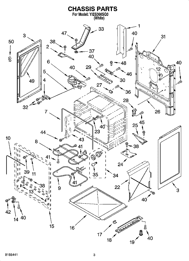 CHASSIS PARTS Diagram and Parts List for YIES366SQ0  Whirlpool Range