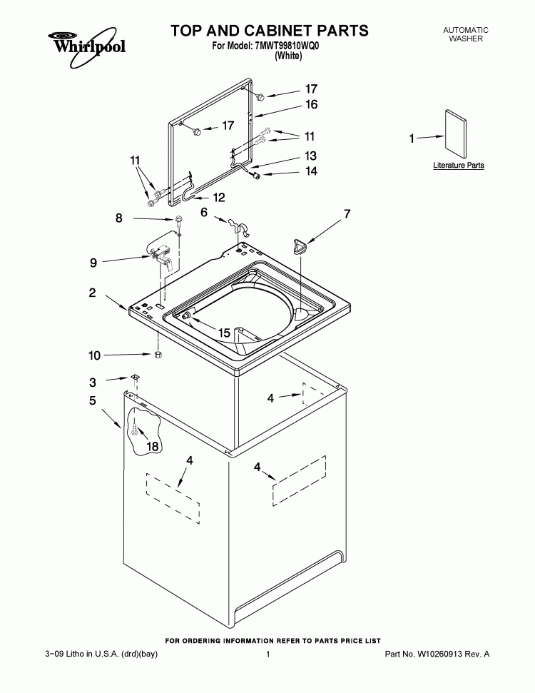 TOP AND CABINET PARTS Diagram and Parts List for 7MWT99810WQ0  Whirlpool Washer