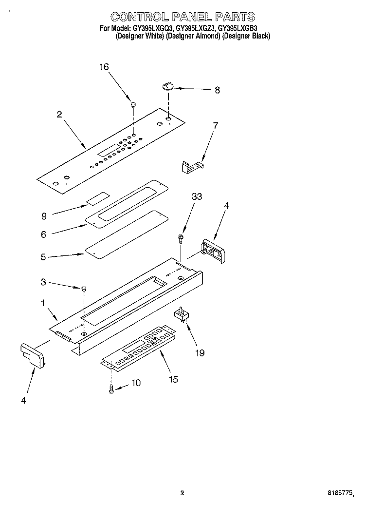 CONTROL PANEL Diagram and Parts List for GY395LXGB3  Whirlpool Range