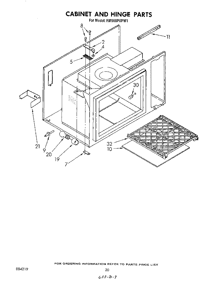 CABINET AND HINGE Diagram and Parts List for RM988PXPW1  Whirlpool Microwave Oven Combo