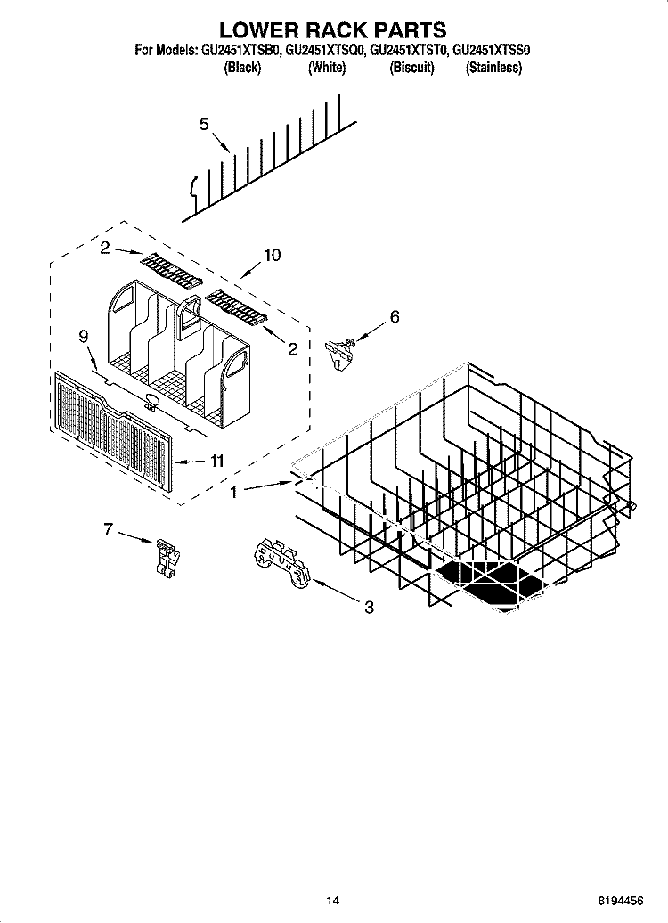 LOWER RACK PARTS, OPTIONAL PARTS (NOT INCLUDED) Diagram and Parts List for GU2451XTSS0  Whirlpool Dishwasher