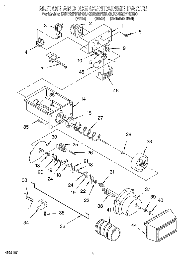 MOTOR AND ICE CONTAINER Diagram and Parts List for KSRB22FHBL00  KitchenAid Refrigerator