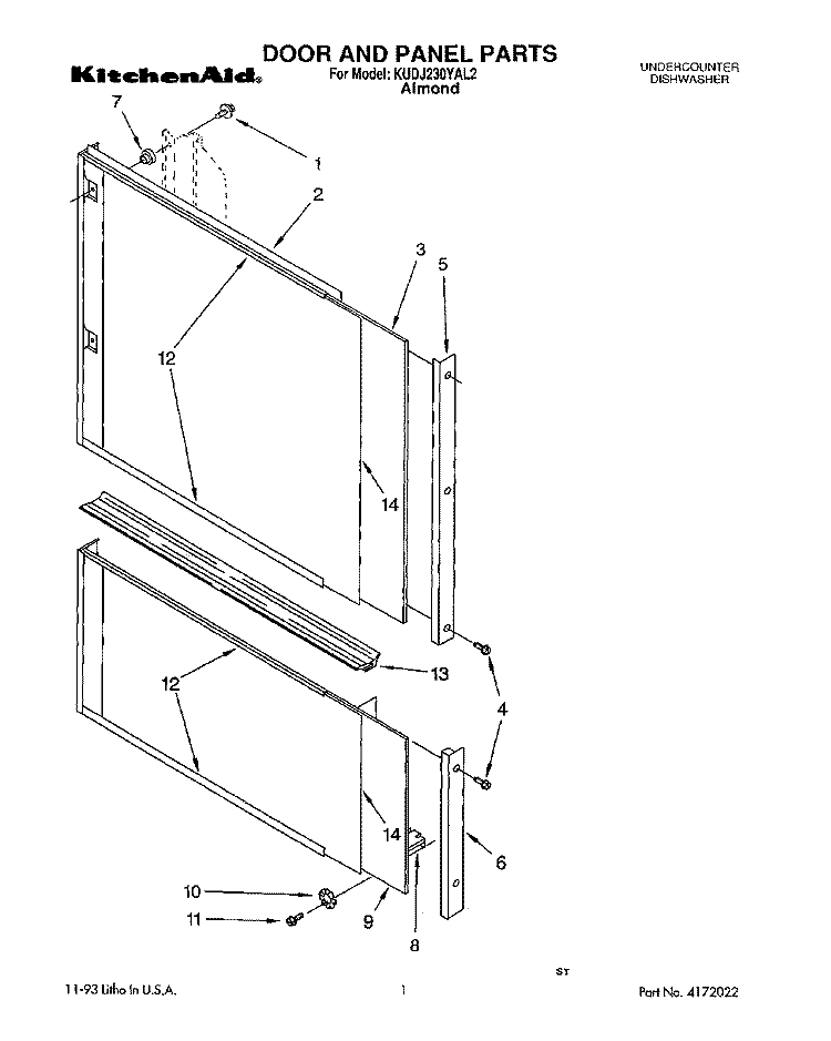 DOOR AND PANEL Diagram and Parts List for KUDJ230YAL2  KitchenAid Dishwasher
