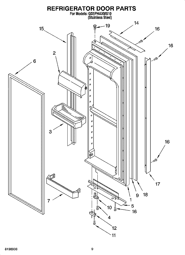 REFRIGERATOR DOOR PARTS Diagram and Parts List for GD5PHAXMS10  Whirlpool Refrigerator