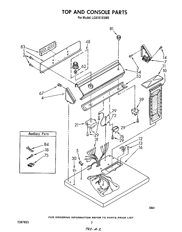 TOP AND CONSOLE , LITERATURE AND OPTIONAL Diagram and Parts List for LG6151XSW0  Whirlpool Dryer