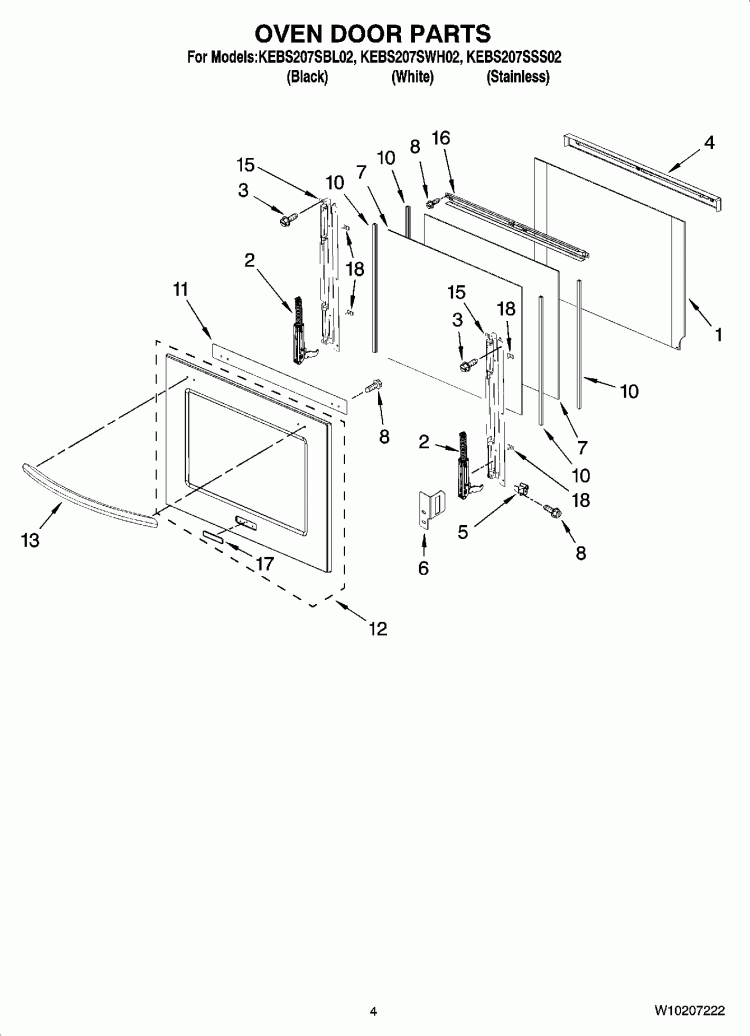 OVEN DOOR PARTS Diagram and Parts List for KEBS207SWH02  KitchenAid Wall Oven