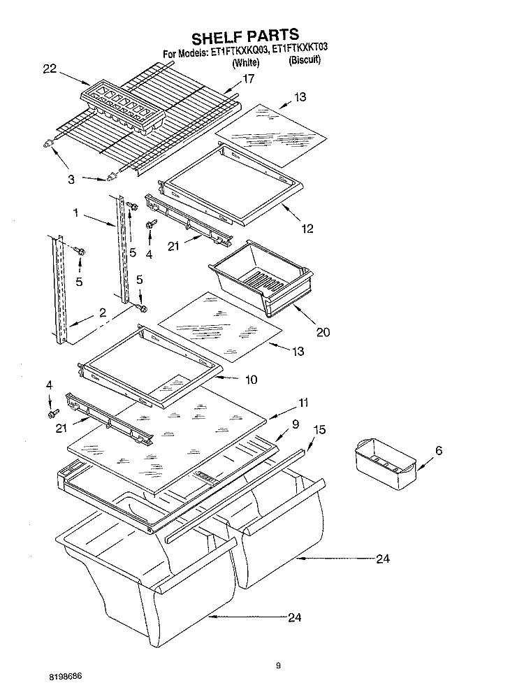 SHELF PARTS, OPTIONAL PARTS Diagram and Parts List for ET1FTKXKT03  Whirlpool Refrigerator