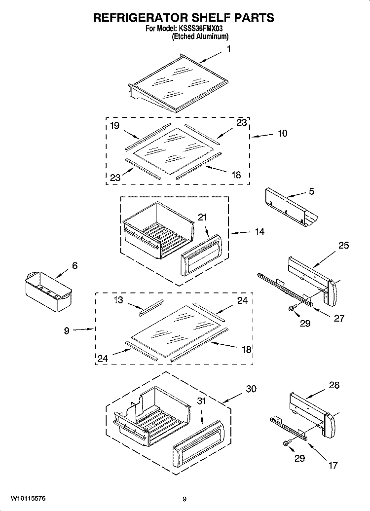 REFRIGERATOR SHELF PARTS Diagram and Parts List for KSSS36FMX03  KitchenAid Refrigerator