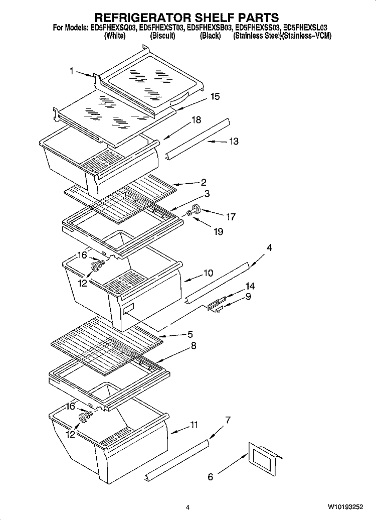 REFRIGERATOR SHELF PARTS Diagram and Parts List for ED5FHEXSB03  Whirlpool Refrigerator