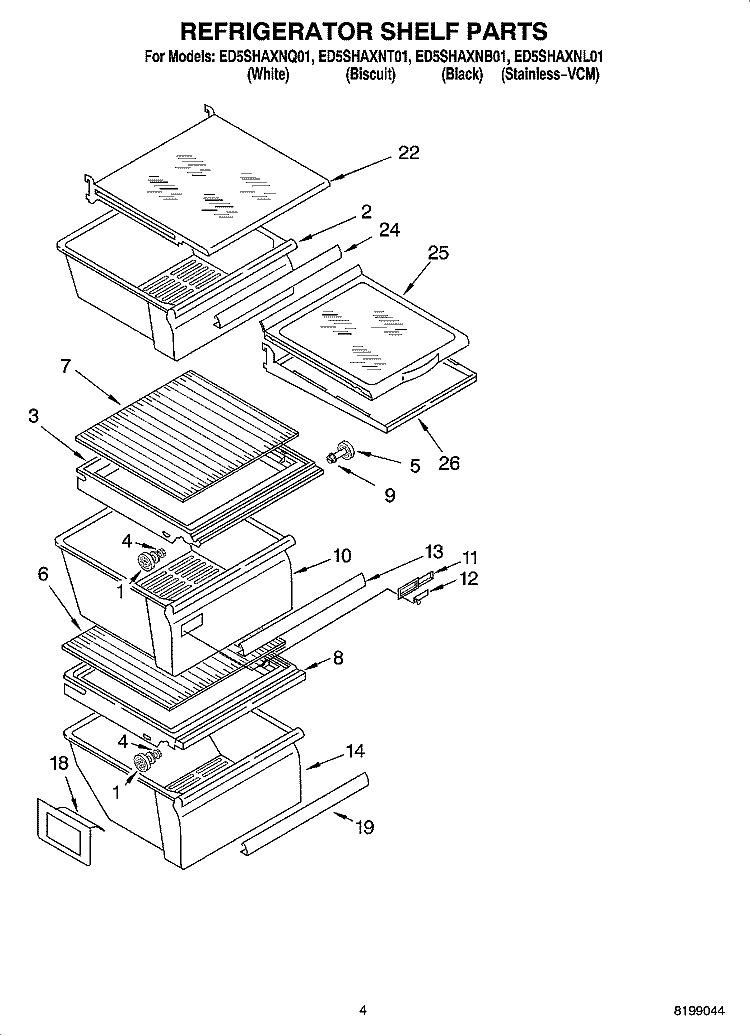 REFRIGERATOR SHELF PARTS Diagram and Parts List for ED5SHAXNT01  Whirlpool Refrigerator
