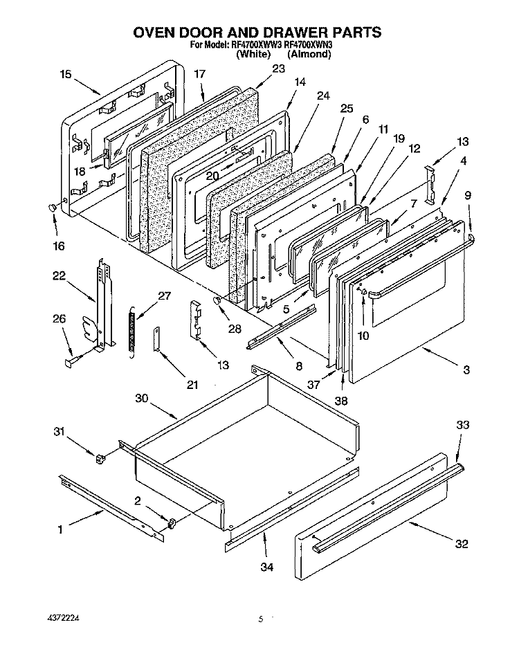 OVEN DOOR AND DRAWER Diagram and Parts List for RF4700XWN3  Whirlpool Range