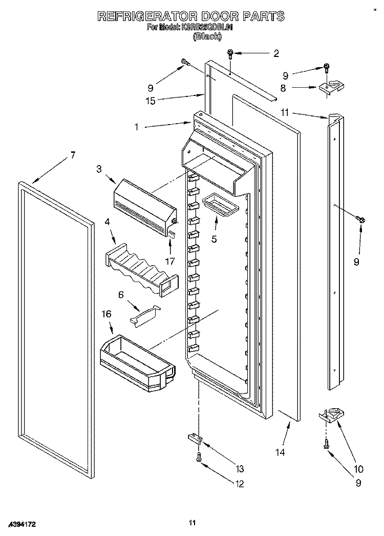 REFRIGERATOR DOOR Diagram and Parts List for KSRB25QDBL01  KitchenAid Refrigerator