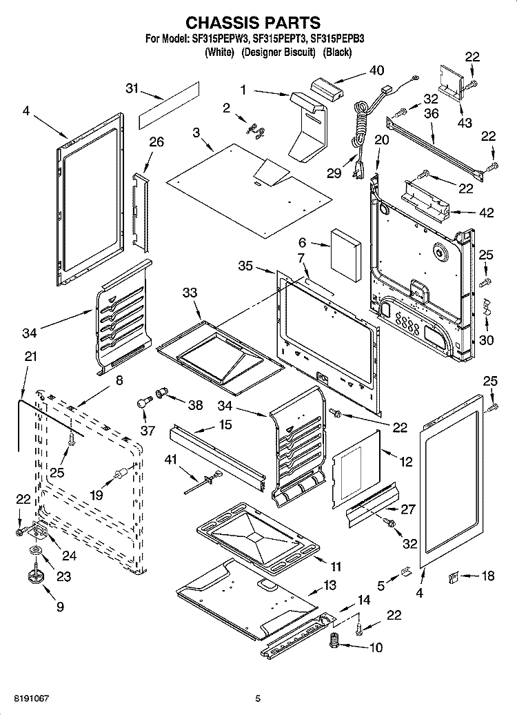 CHASSIS PARTS Diagram and Parts List for SF315PEPW3  Whirlpool Range