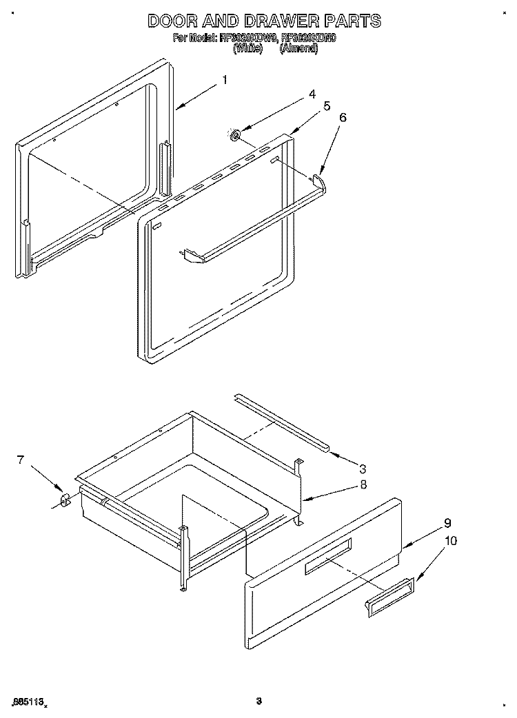 DOOR AND DRAWER Diagram and Parts List for RF3020XDN0  Whirlpool Range