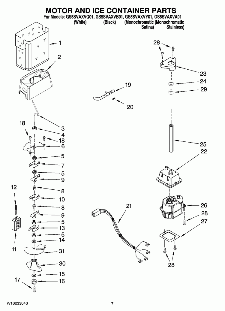 MOTOR AND ICE CONTAINER PARTS Diagram and Parts List for GS5SVAXVB01  Whirlpool Refrigerator