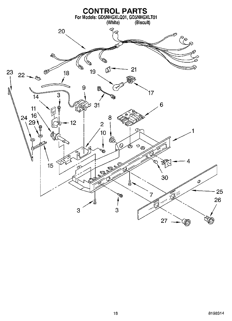 CONTROL Diagram and Parts List for GD5NHGXLQ01  Whirlpool Refrigerator