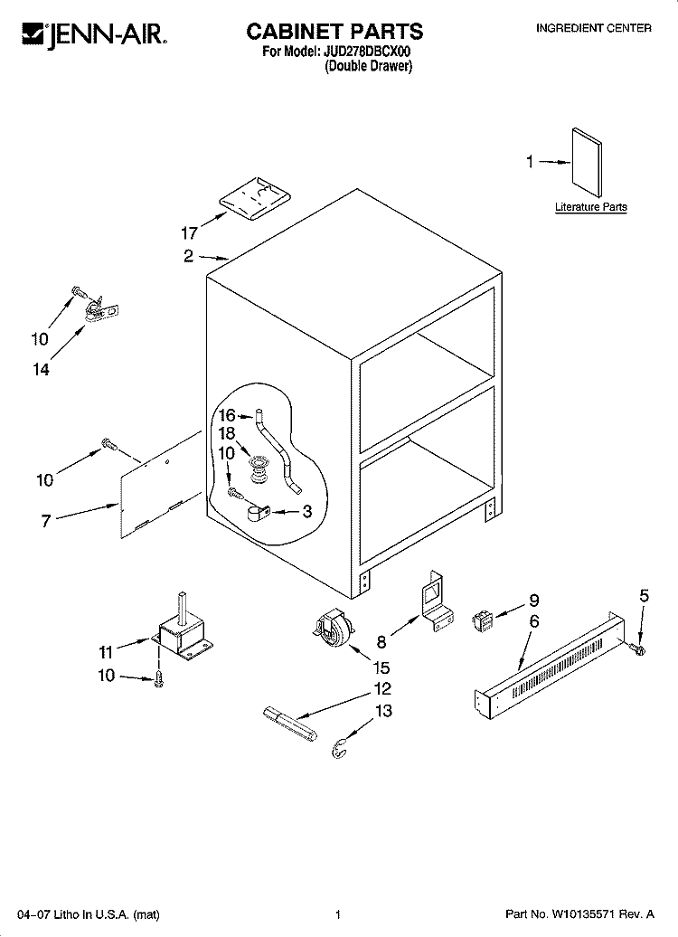 CABINET PARTS Diagram and Parts List for JUD278DBCX00  Jenn-Air Refrigerator