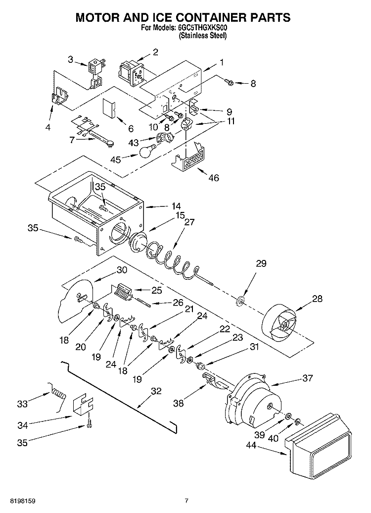 MOTOR AND ICE CONTAINER PARTS Diagram and Parts List for 6GC5THGXKS00  Whirlpool Refrigerator