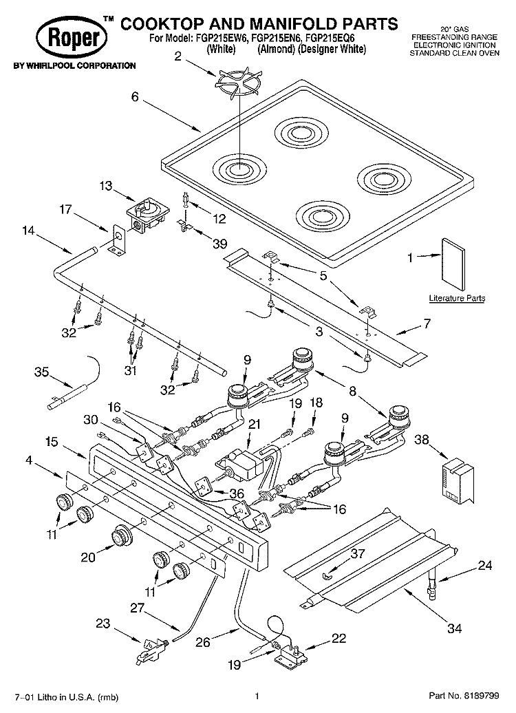 COOKTOP AND MANIFOLD, LITERATURE Diagram and Parts List for FGP215EN6  Roper Range