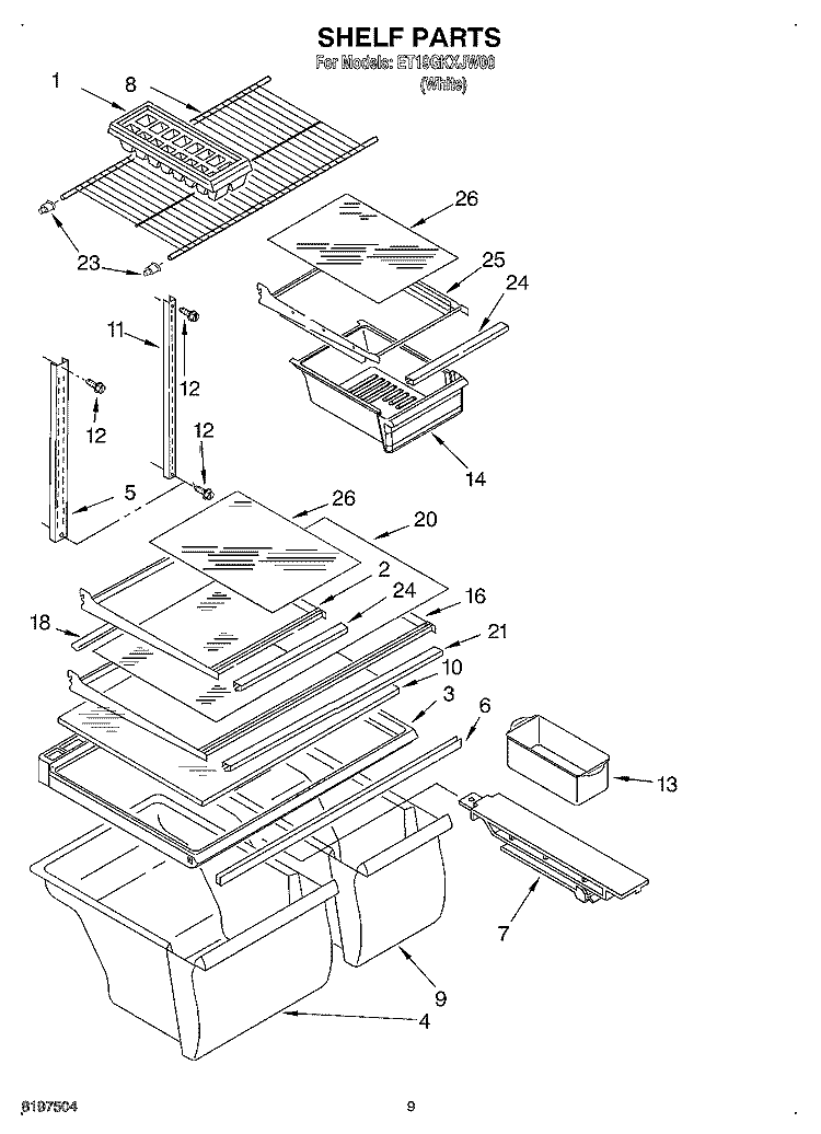 SHELF, OPTIONAL Diagram and Parts List for ET19GKXJW00  Whirlpool Refrigerator