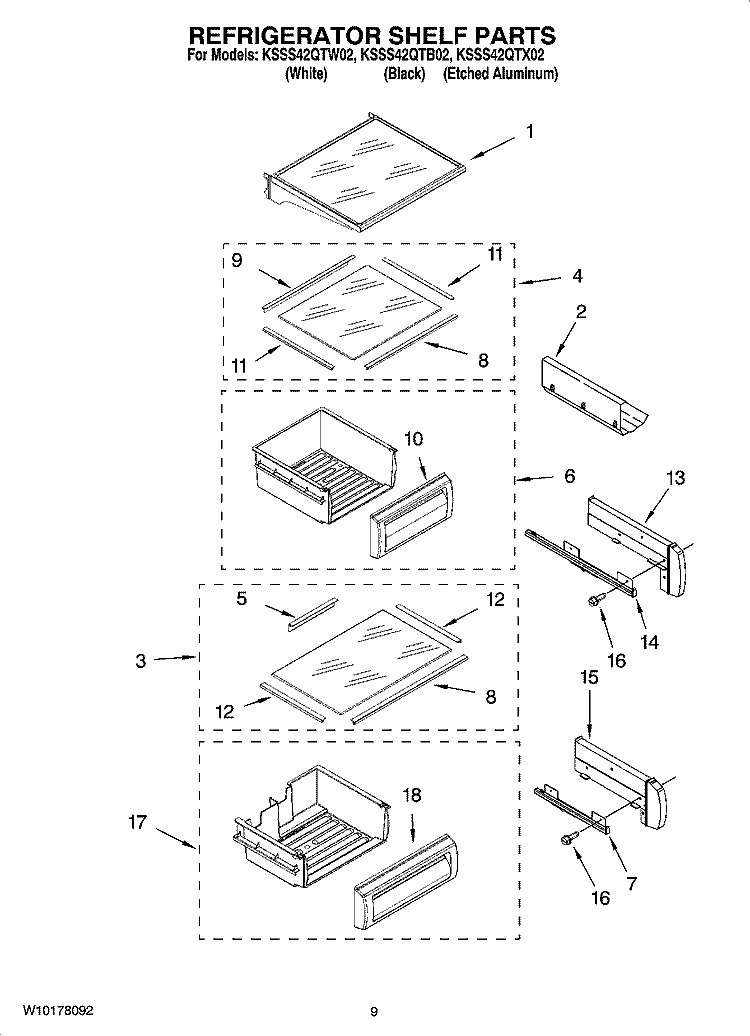 REFRIGERATOR SHELF PARTS Diagram and Parts List for KSSS42QTB02  KitchenAid Refrigerator