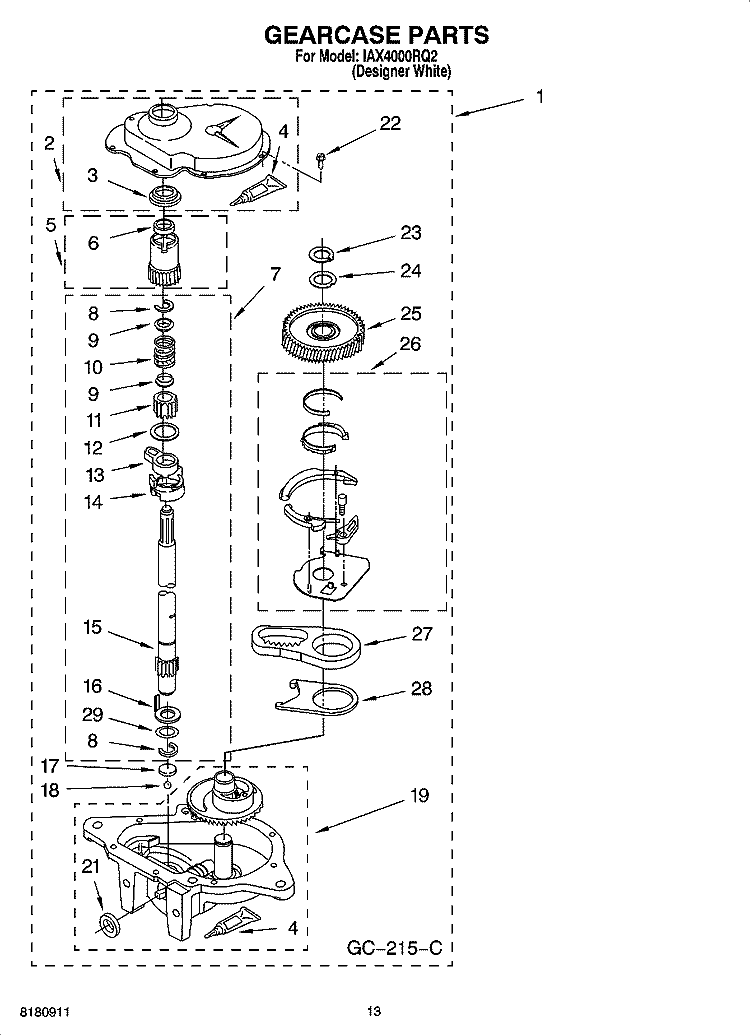 GEARCASE PARTS, OPTIONAL PARTS (NOT INCLUDED) Diagram and Parts List for IAX4000RQ2  Inglis Washer