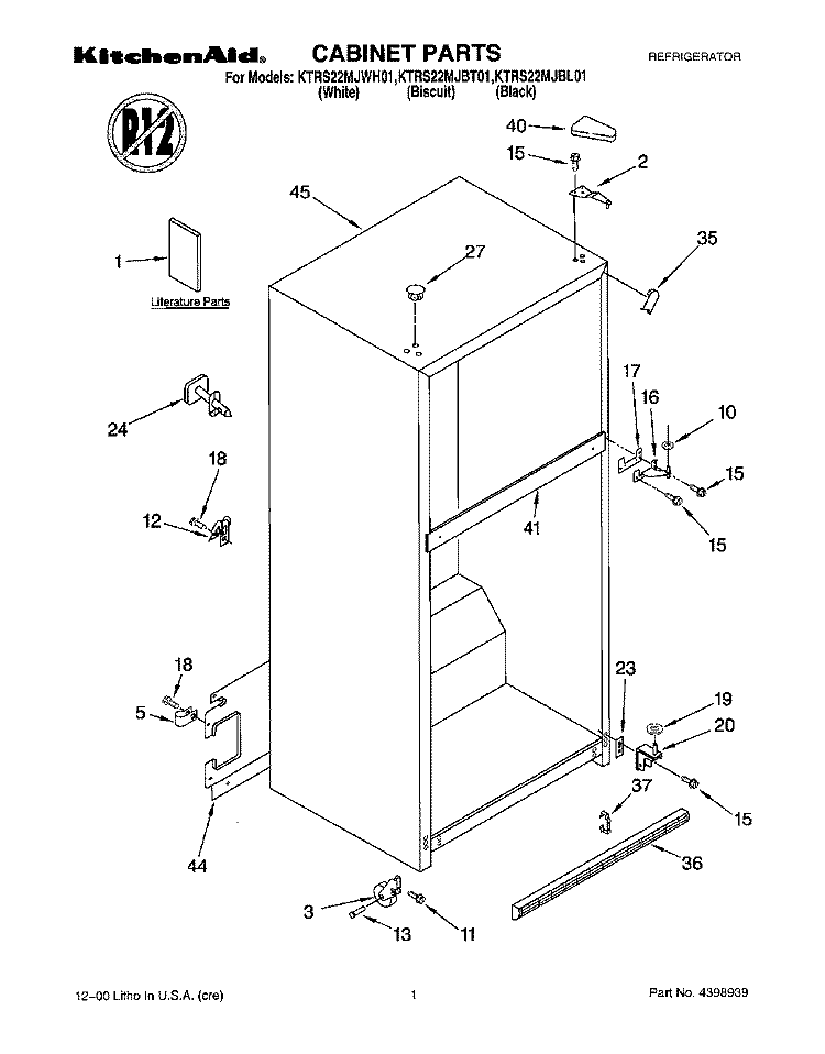 CABINET, LITERATURE Diagram and Parts List for KTRS22MJBT01  KitchenAid Refrigerator