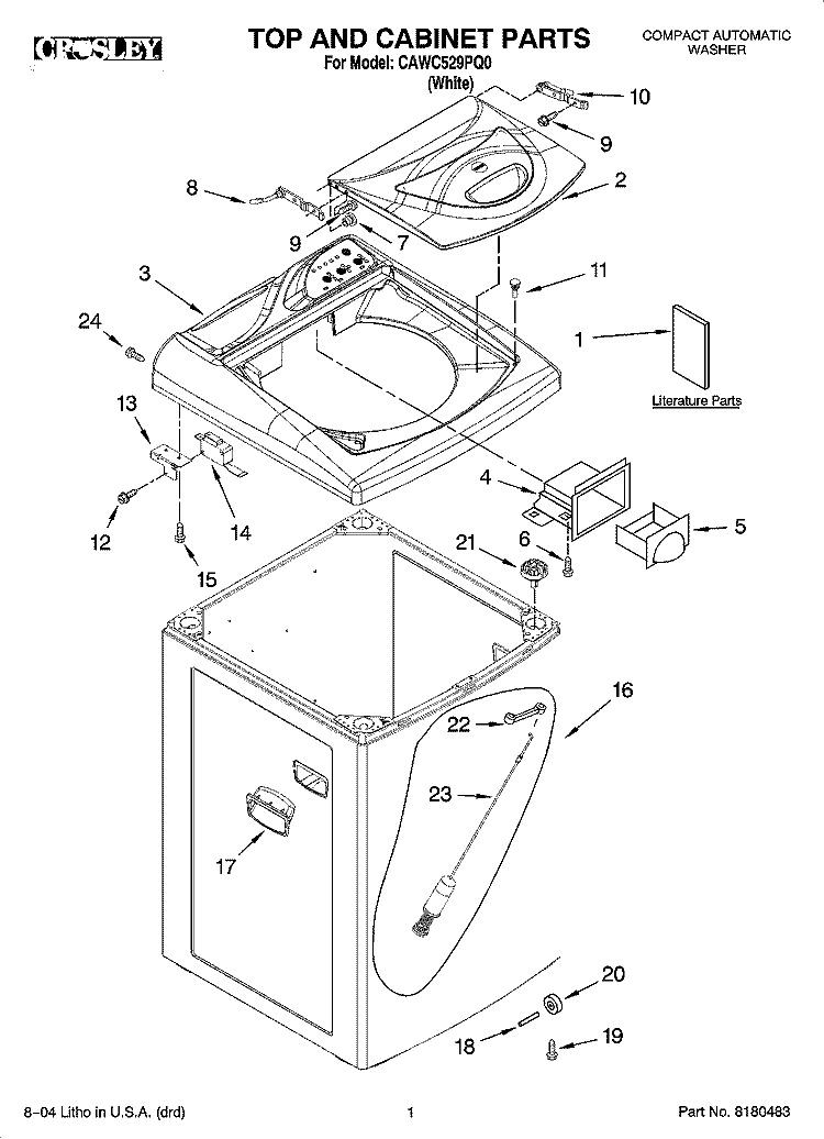 TOP AND CABINET PARTS Diagram and Parts List for CAWC529PQ0  Crosley Washer