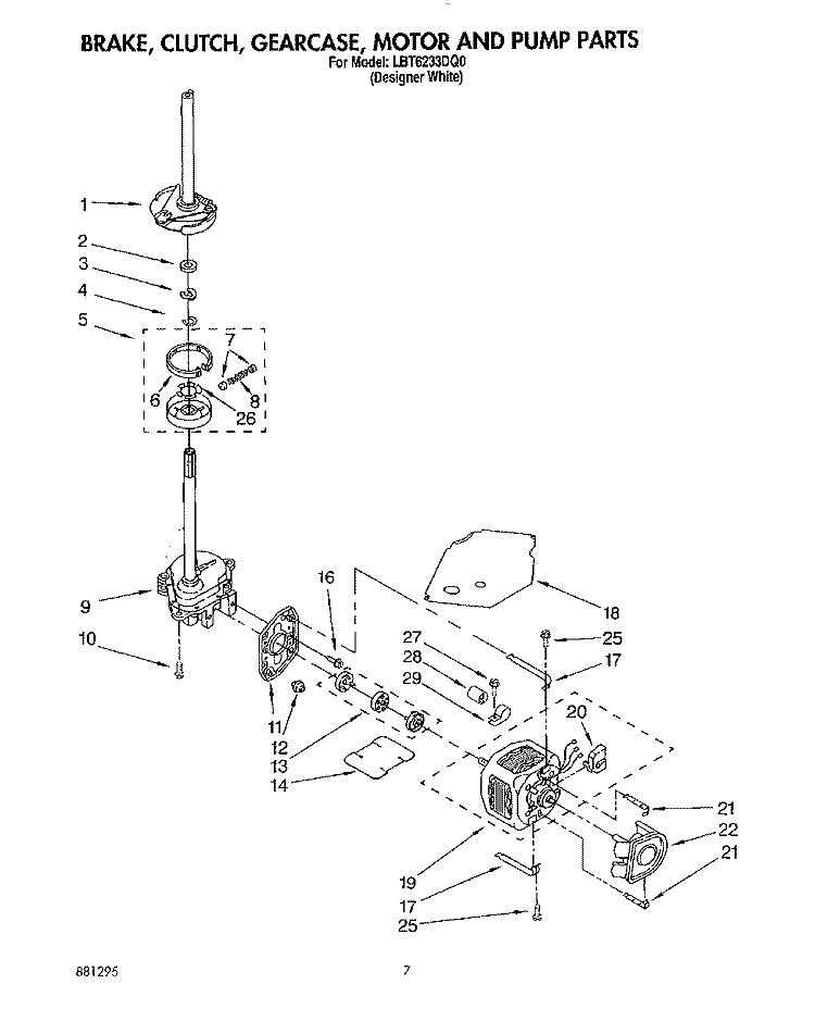 BRAKE, CLUTCH, GEARCASE, MOTOR & PUMP Diagram and Parts List for LBT6233DQ0  Whirlpool Washer