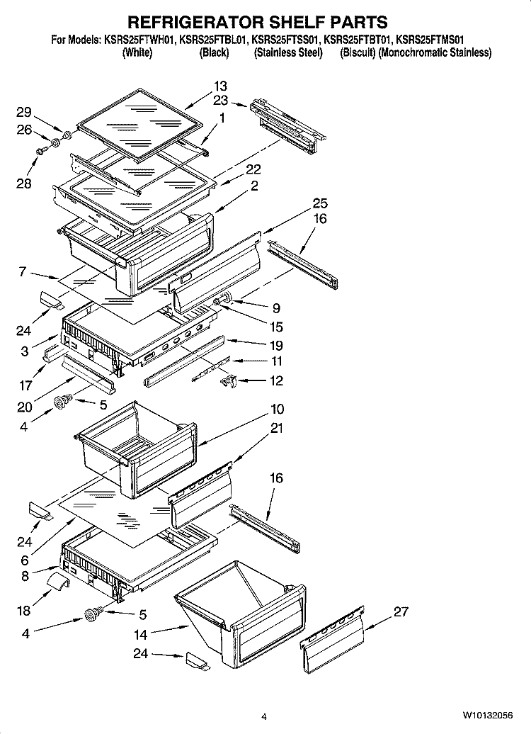 REFRIGERATOR SHELF PARTS Diagram and Parts List for KSRS25FTSS01  KitchenAid Refrigerator
