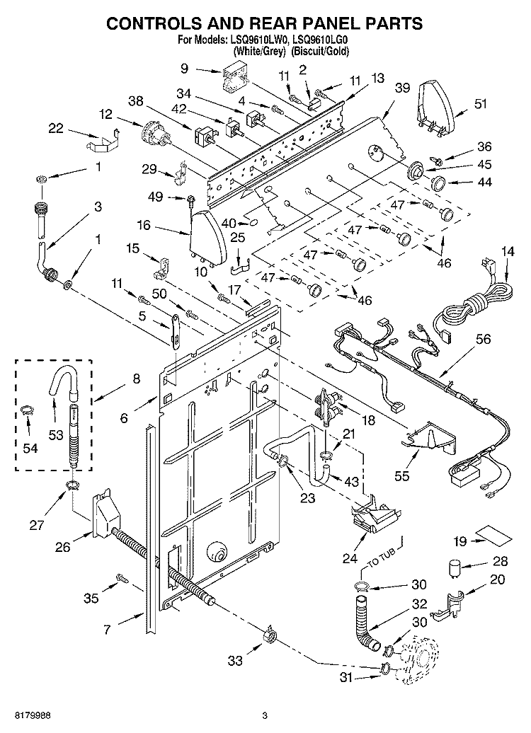 CONTROLS AND REAR PANEL PARTS Diagram and Parts List for LSQ9610LW0  Whirlpool Washer