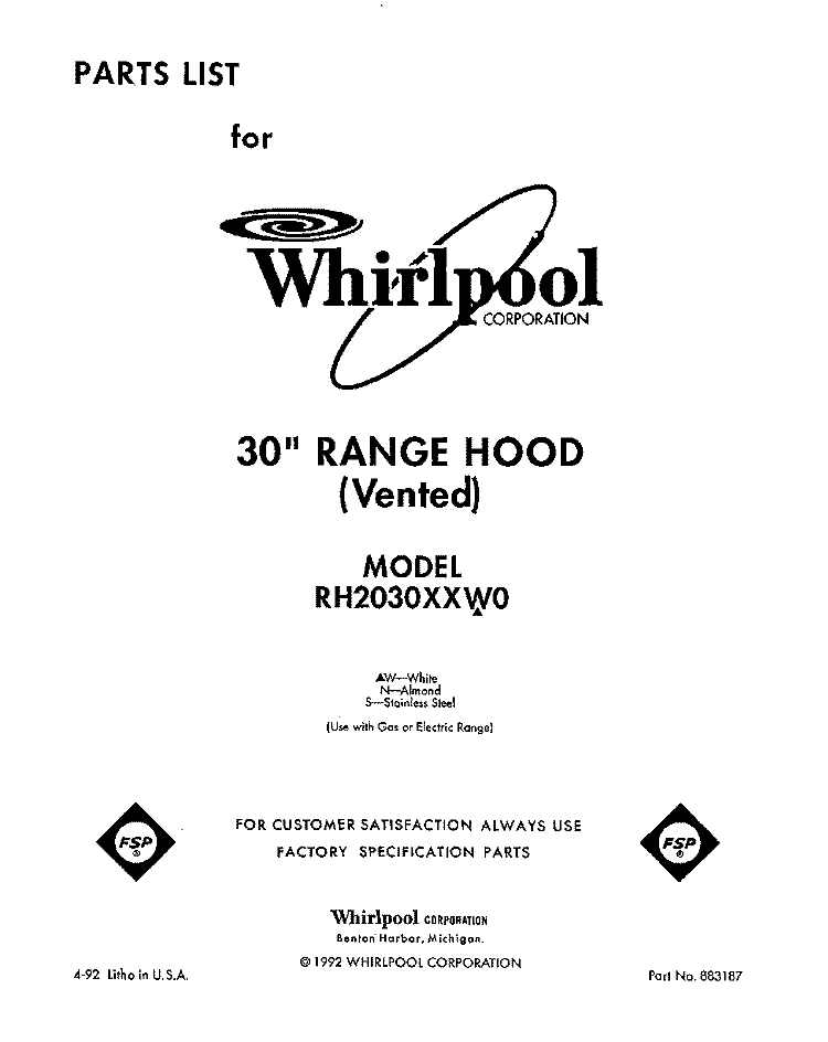 SECTION Diagram and Parts List for RH2030XXN0  Whirlpool Range Hood