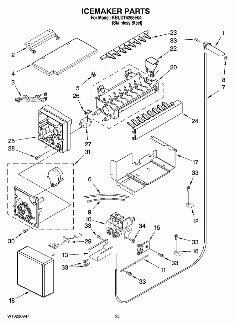 ICEMAKER PARTS Diagram and Parts List for KBUDT4265E04  KitchenAid Refrigerator