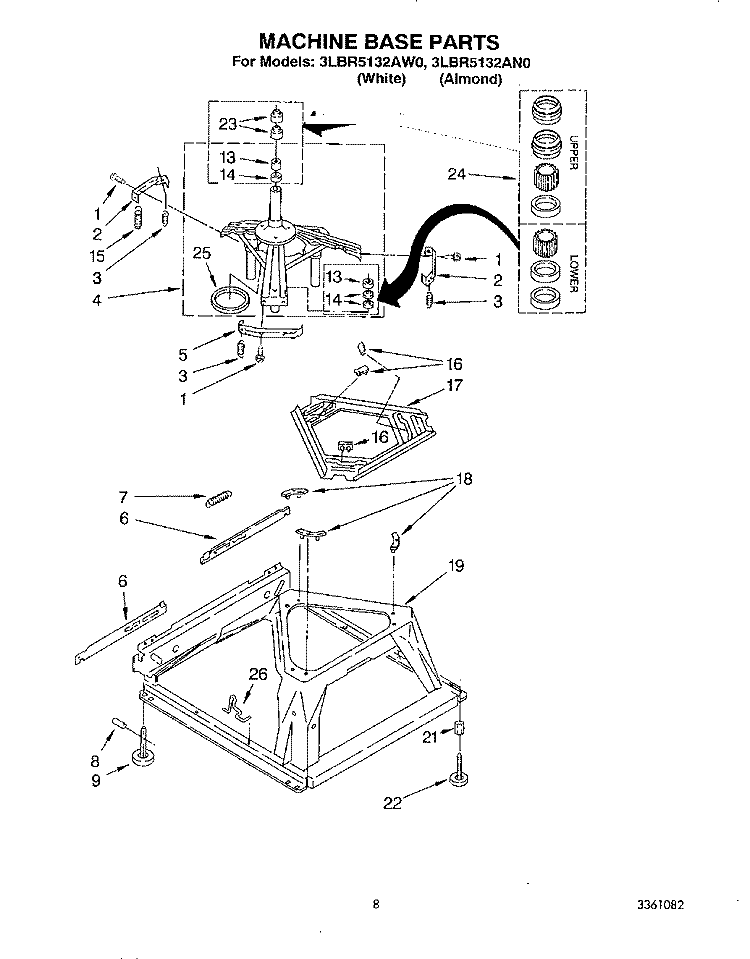 MACHINE BASE Diagram and Parts List for 3LBR5132AN0  Whirlpool Washer
