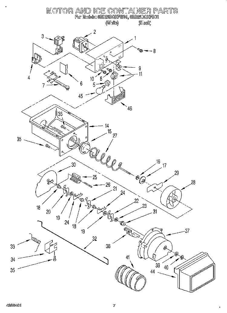 MOTOR AND ICE CONTAINER Diagram and Parts List for 6ED25DQXFB01  Whirlpool Refrigerator