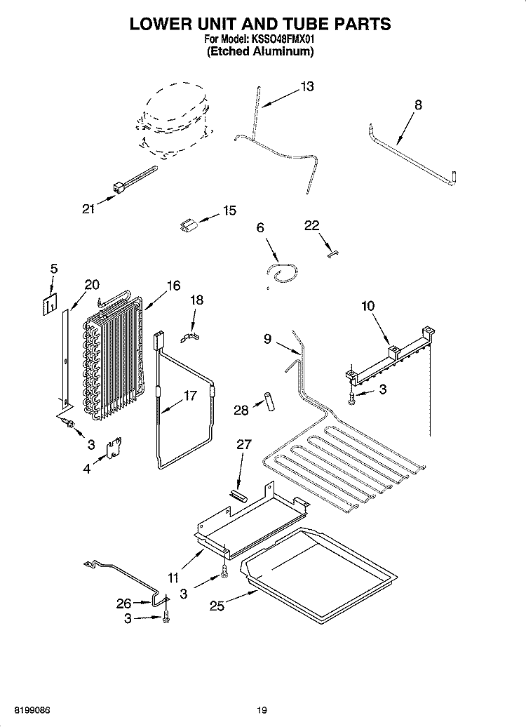 LOWER UNIT AND TUBE PARTS Diagram and Parts List for KSSO48FMX01  KitchenAid Refrigerator
