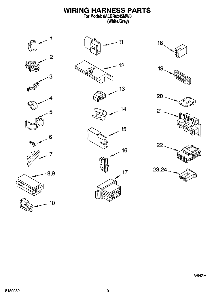WIRING HARNESS PARTS Diagram and Parts List for 6ALBR6245MW0  Whirlpool Washer