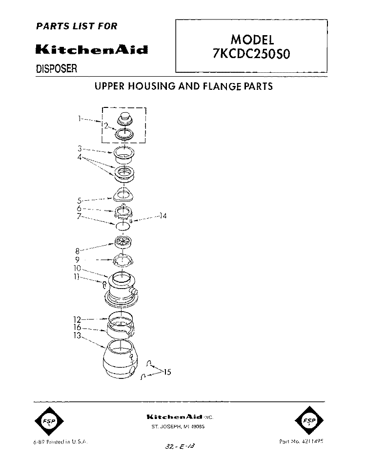 SECTION Diagram and Parts List for 7KCDC250S0  KitchenAid Food Waste Disposer