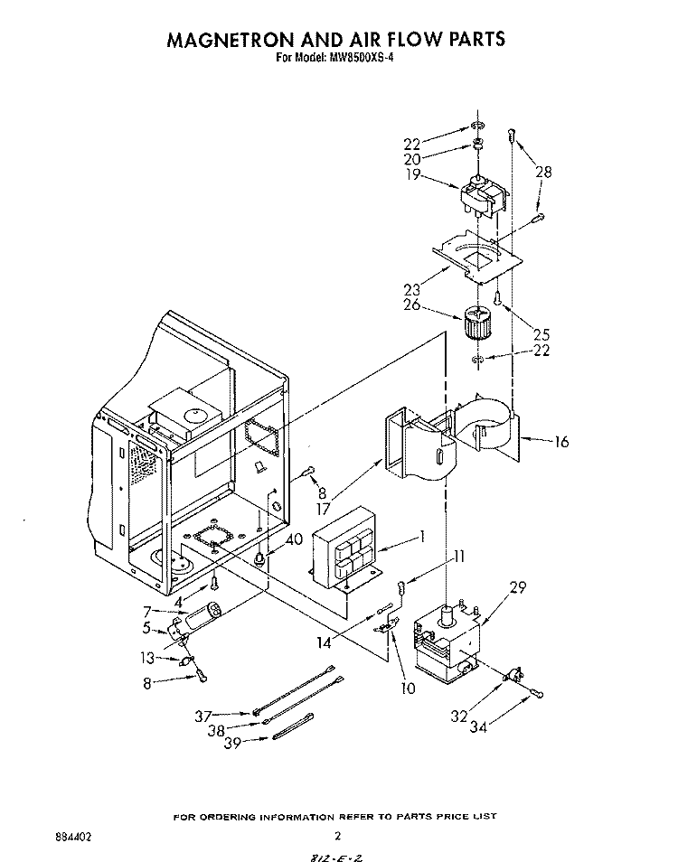 MAGNETRON AND AIR FLOW Diagram and Parts List for MW8500XS4  Whirlpool Microwave