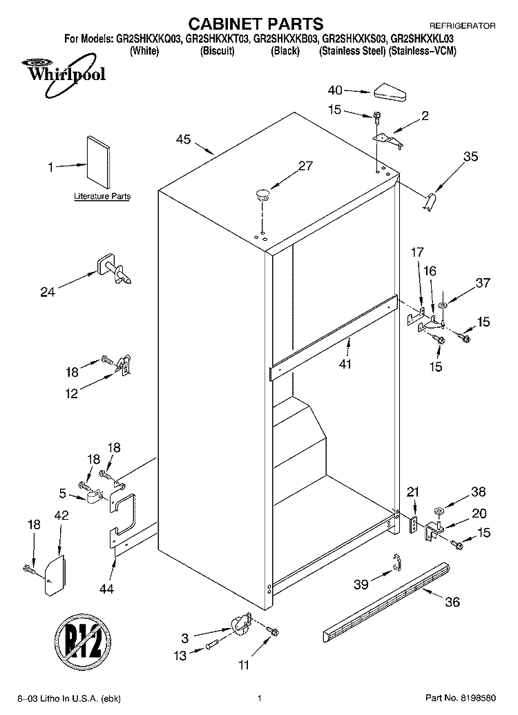 CABINET PARTS Diagram and Parts List for GR2SHKXKT03  Whirlpool Refrigerator